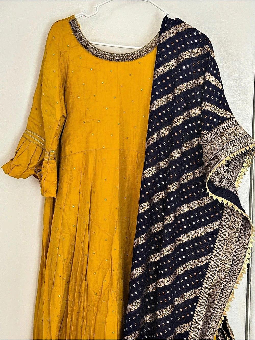 Yellow /mustard Embellished Kurta with dark blue/purple brocade Dupatta